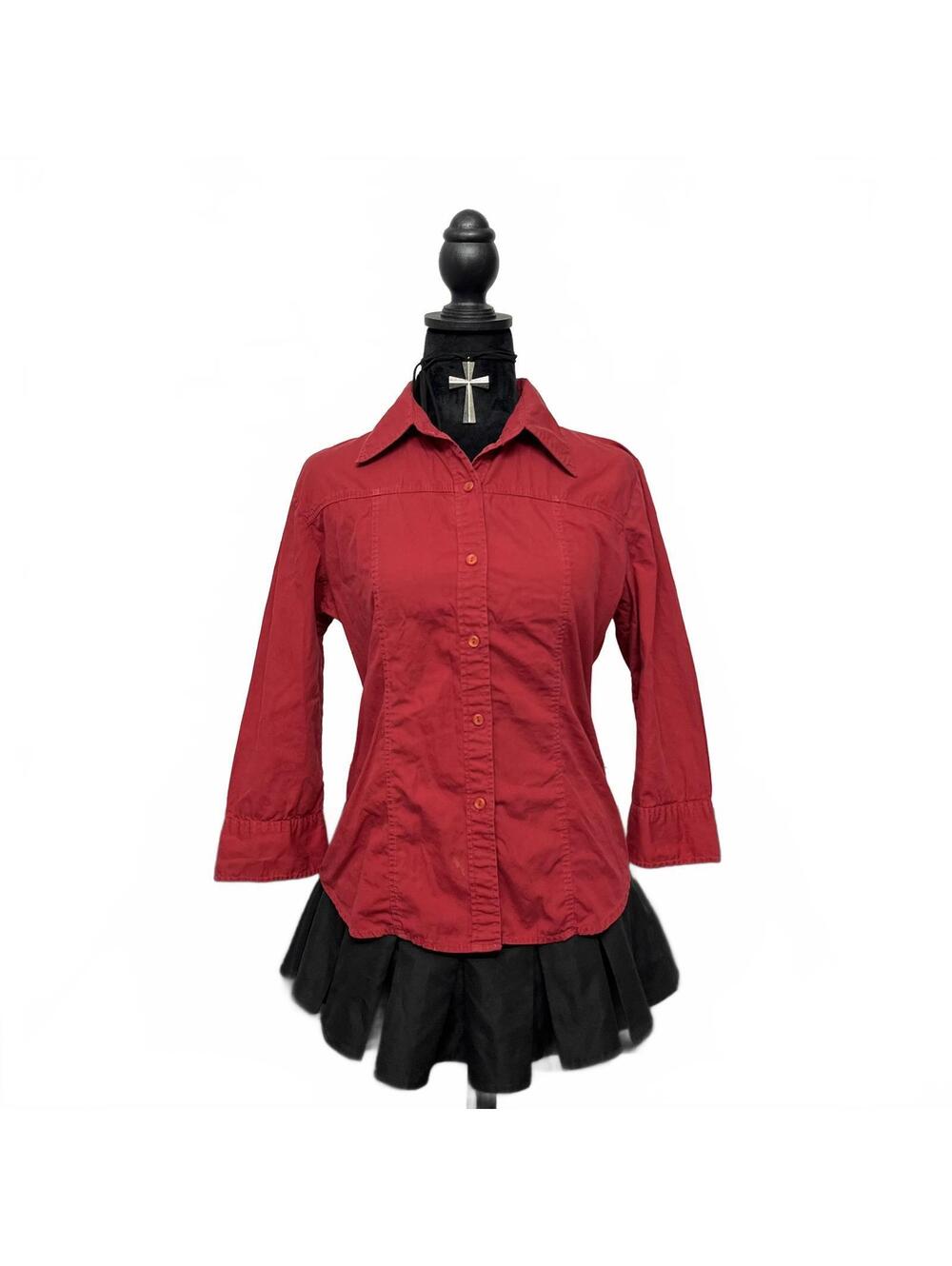 Vintage Garage Sz M Red Cotton 3/4 Sleeve Button Up Blouse Office Siren 2000s